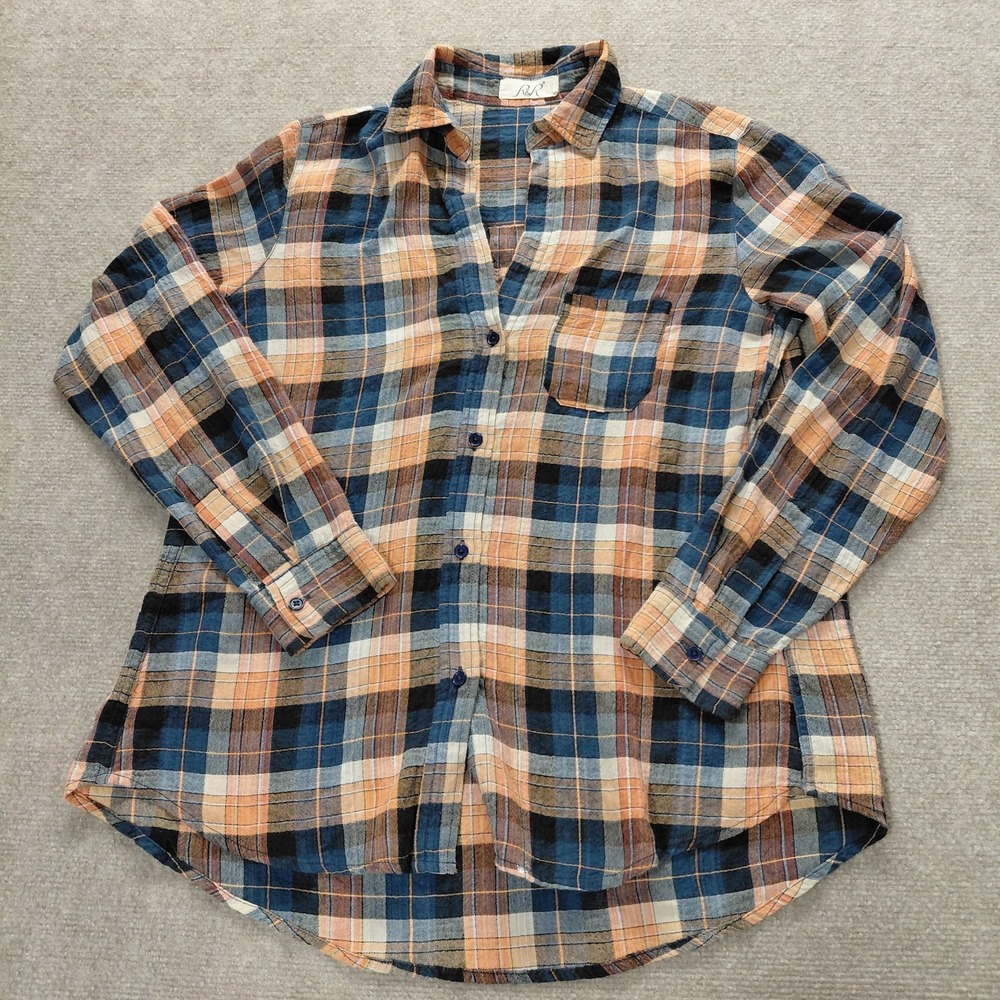 R&R Button Up Fall Shirt Burnt Orange Navy Blue Plaid V-neck Long Sleeve Top